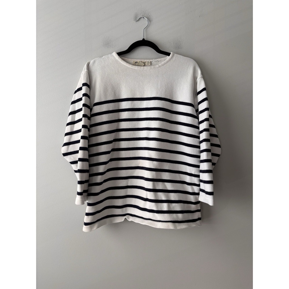 Eddie Bauer Women's White Blue Striped Scoop Neck Cotton Sweater Size Large